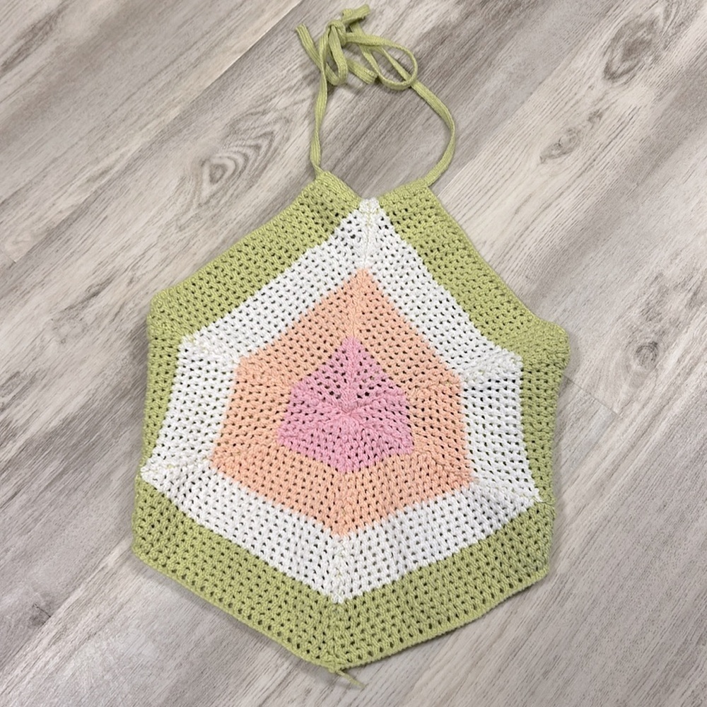 Y2K Festival Crochet Halter Tie Blouse Top Fairy Core Green Pink Peach White | S